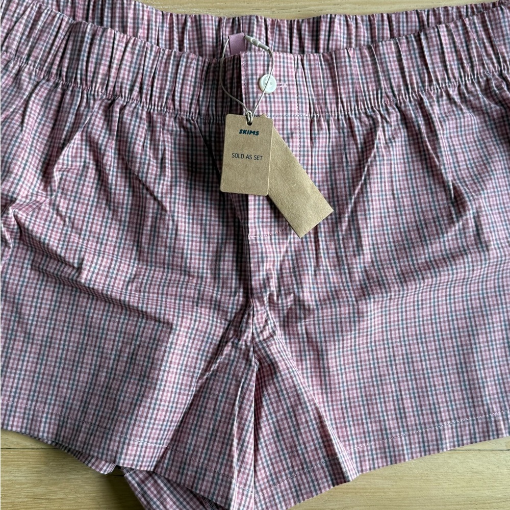 SKIMS Cotton Poplin Sleep Mini Boxer Set, NWT, Size Large, Color: Berry Check - Picture 5 of 7
